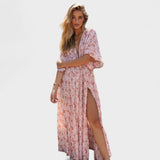 Vilma - Roza boho obleka z razporkom